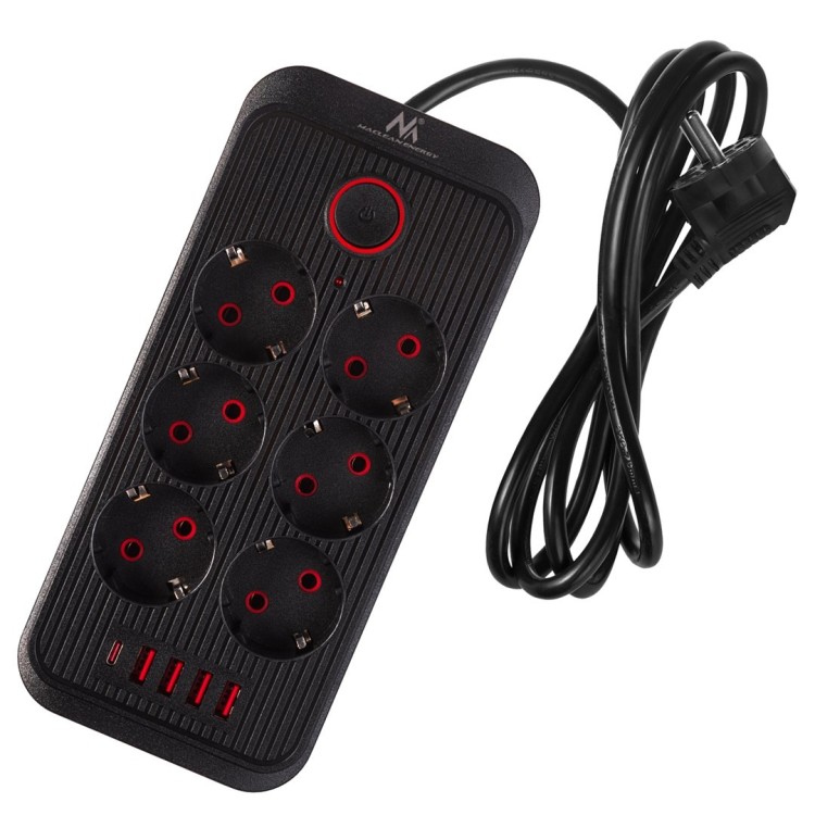MACLEAN LISTWA ZASILAJĄCA, PRZEDŁUŻACZ 6 GNIAZD + 4XUSB, 110-240V AC 50/60HZ, 2.1A MAX 2500W, 1,5 M, CZARNA MCE389 B