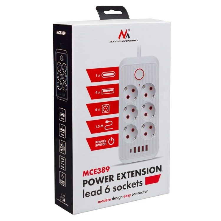 MACLEAN LISTWA ZASILAJĄCA, PRZEDŁUŻACZ 6 GNIAZD + 4XUSB, 110-240V AC 50/60HZ, 2.1A MAX 2500W, 1,5 M, BIAŁA MCE389 W