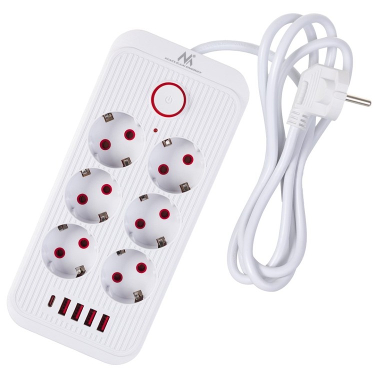 MACLEAN LISTWA ZASILAJĄCA, PRZEDŁUŻACZ 6 GNIAZD + 4XUSB, 110-240V AC 50/60HZ, 2.1A MAX 2500W, 1,5 M, BIAŁA MCE389 W