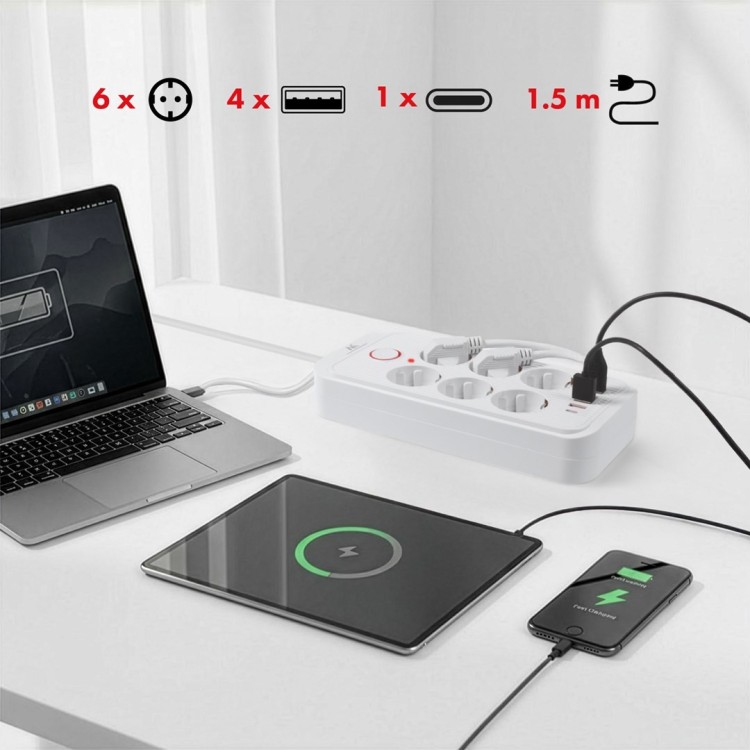 MACLEAN LISTWA ZASILAJĄCA, PRZEDŁUŻACZ 6 GNIAZD + 4XUSB, 110-240V AC 50/60HZ, 2.1A MAX 2500W, 1,5 M, BIAŁA MCE389 W