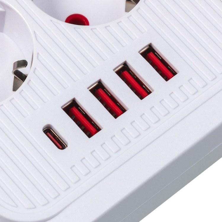 MACLEAN LISTWA ZASILAJĄCA, PRZEDŁUŻACZ 6 GNIAZD + 4XUSB, 110-240V AC 50/60HZ, 2.1A MAX 2500W, 1,5 M, BIAŁA MCE389 W