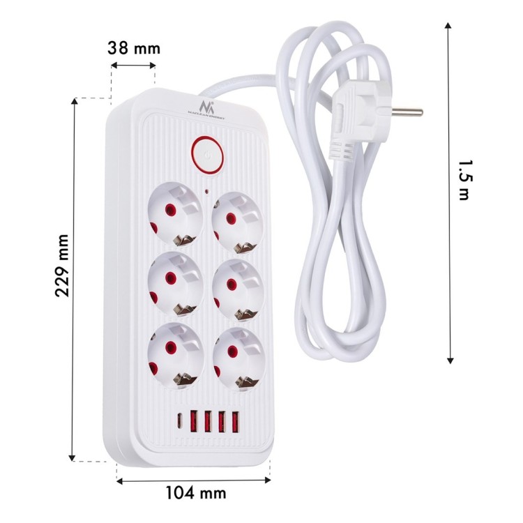 MACLEAN LISTWA ZASILAJĄCA, PRZEDŁUŻACZ 6 GNIAZD + 4XUSB, 110-240V AC 50/60HZ, 2.1A MAX 2500W, 1,5 M, BIAŁA MCE389 W