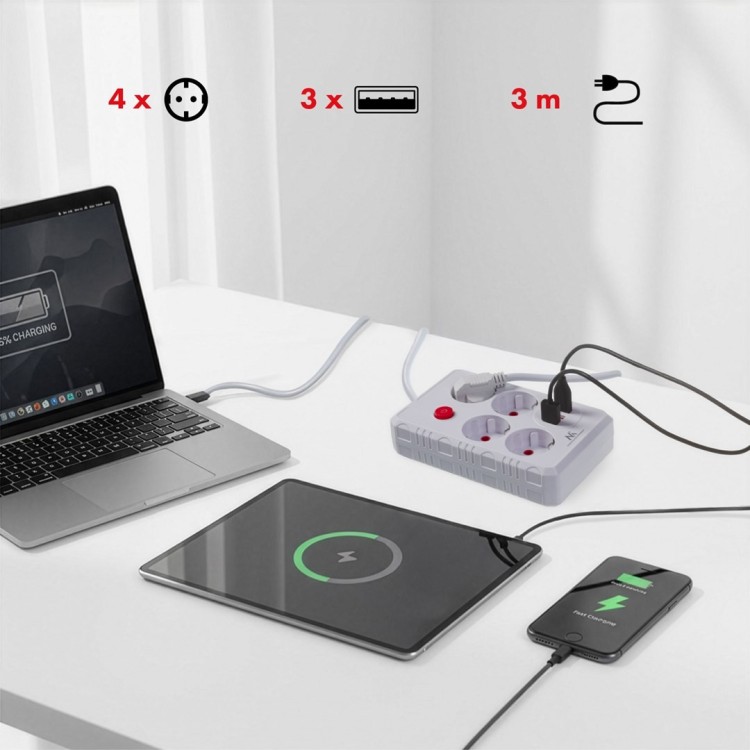 MACLEAN LISTWA ZASILAJĄCA, PRZEDŁUŻACZ 4 GNIAZDA + 3XUSB, 110-240V AC 50/60HZ, 2.1A MAX 2500W, 3M, BIAŁA MCE393 W