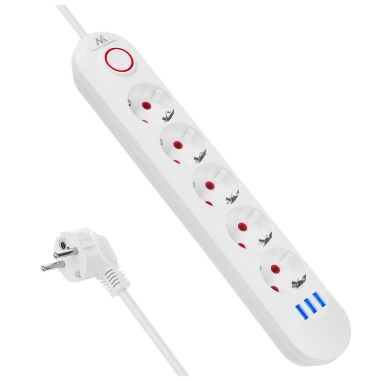 MACLEAN LISTWA ZASILAJĄCA PRZEDŁUŻACZ5 GNIAZD + 3XUSB, 110-240V AC 50/60HZ, 2.1A MAX 2500W, 1,5M, BIAŁA MCE395 W