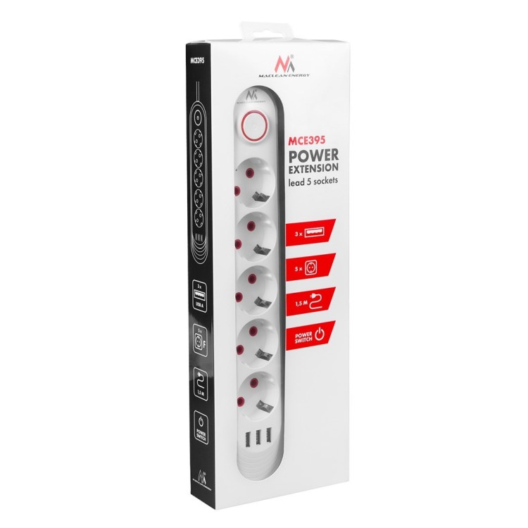 MACLEAN LISTWA ZASILAJĄCA PRZEDŁUŻACZ5 GNIAZD + 3XUSB, 110-240V AC 50/60HZ, 2.1A MAX 2500W, 1,5M, BIAŁA MCE395 W
