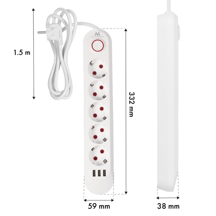 MACLEAN LISTWA ZASILAJĄCA PRZEDŁUŻACZ5 GNIAZD + 3XUSB, 110-240V AC 50/60HZ, 2.1A MAX 2500W, 1,5M, BIAŁA MCE395 W