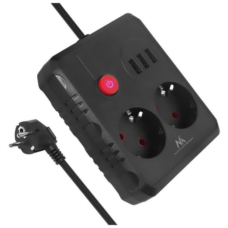 MACLEAN LISTWA ZASILAJĄCA, PRZEDŁUŻACZ 2 GNIAZDA + 3XUSB, 110-240V AC 50/60HZ, 2.1A MAX 2500W, 1.5M, CZARNA MCE387 B