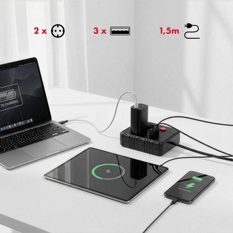 MACLEAN LISTWA ZASILAJĄCA, PRZEDŁUŻACZ 2 GNIAZDA + 3XUSB, 110-240V AC 50/60HZ, 2.1A MAX 2500W, 1.5M, CZARNA MCE387 B