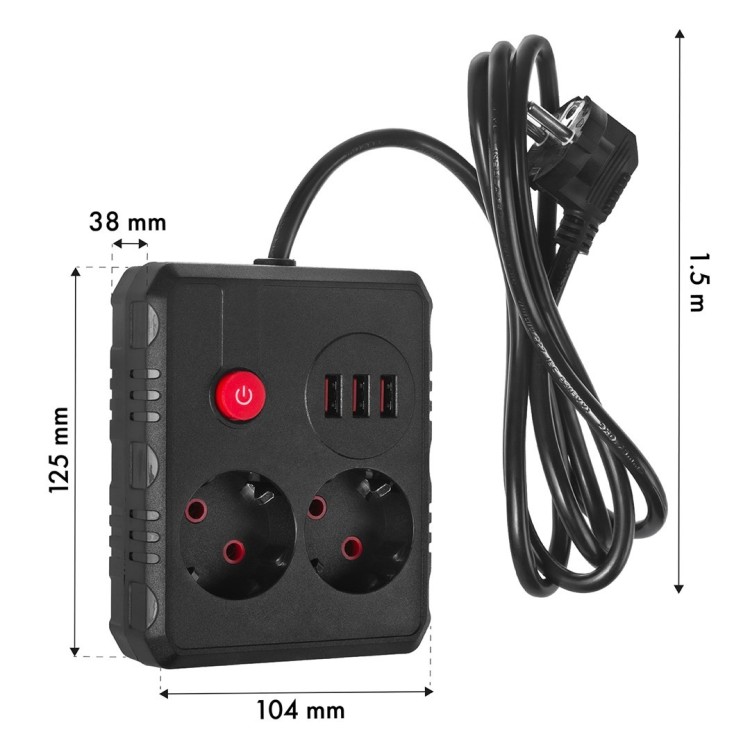MACLEAN LISTWA ZASILAJĄCA, PRZEDŁUŻACZ 2 GNIAZDA + 3XUSB, 110-240V AC 50/60HZ, 2.1A MAX 2500W, 1.5M, CZARNA MCE387 B