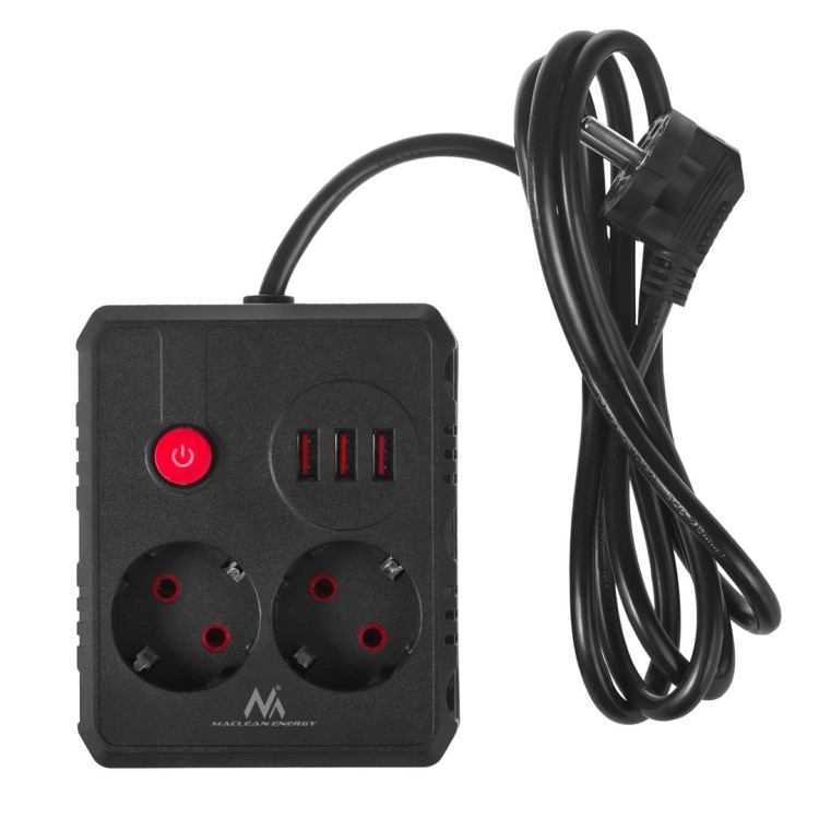 MACLEAN LISTWA ZASILAJĄCA, PRZEDŁUŻACZ 2 GNIAZDA + 3XUSB, 110-240V AC 50/60HZ, 2.1A MAX 2500W, 1.5M, CZARNA MCE387 B