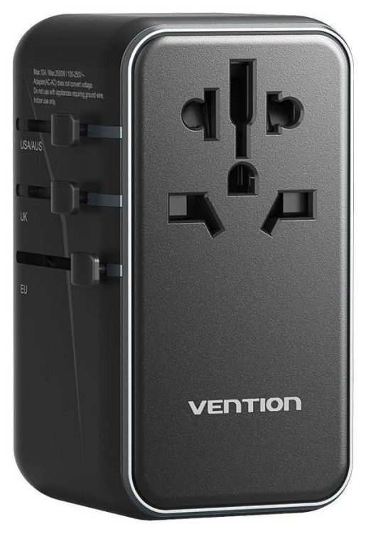Uniwersalny adapter podróżny z ładowarką Vention 100W GaN 1x USB-A 3x USB-C czarny