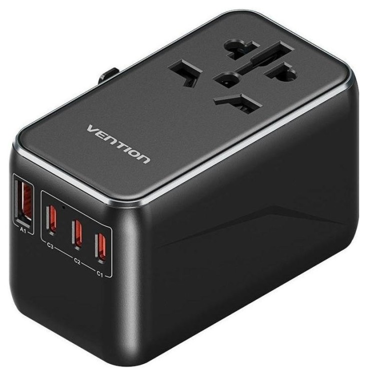 Uniwersalny adapter podróżny z ładowarką Vention 100W GaN 1x USB-A 3x USB-C czarny