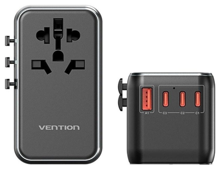 Uniwersalny adapter podróżny z ładowarką Vention 100W GaN 1x USB-A 3x USB-C czarny