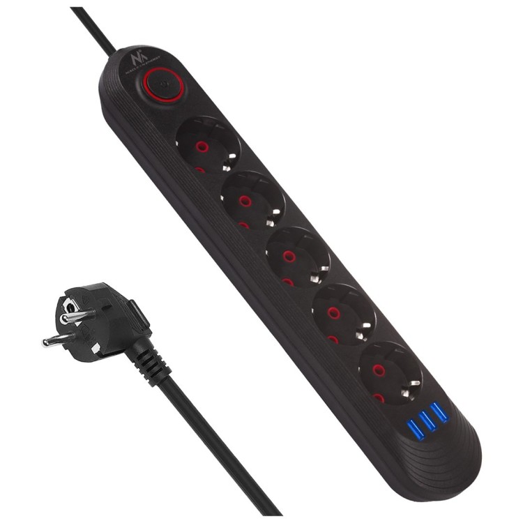 MACLEAN LISTWA ZASILAJĄCA, PRZEDŁUŻACZ5 GNIAZD + 3XUSB, 110-240V AC 50/60HZ, 2.1A MAX 2500W, 1,5M, CZARNA MCE395 B