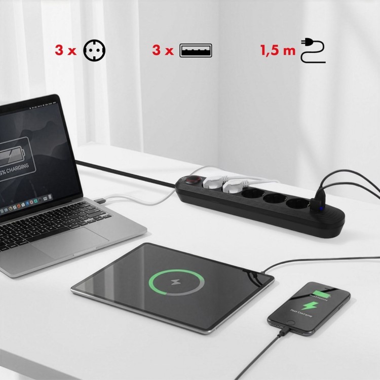 MACLEAN LISTWA ZASILAJĄCA, PRZEDŁUŻACZ5 GNIAZD + 3XUSB, 110-240V AC 50/60HZ, 2.1A MAX 2500W, 1,5M, CZARNA MCE395 B