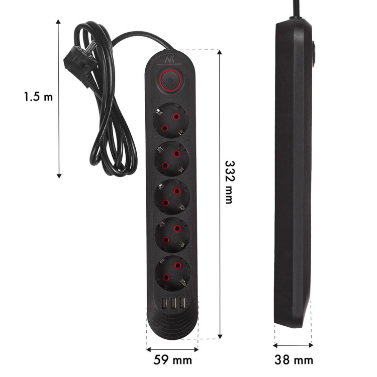 MACLEAN LISTWA ZASILAJĄCA, PRZEDŁUŻACZ5 GNIAZD + 3XUSB, 110-240V AC 50/60HZ, 2.1A MAX 2500W, 1,5M, CZARNA MCE395 B