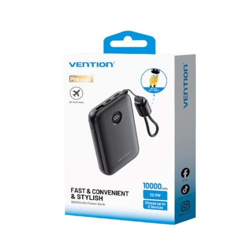 Powerbank Vention 10000mAh 2 x USB-C 1x USB-A z wyświetlaczem 22,5W czarny