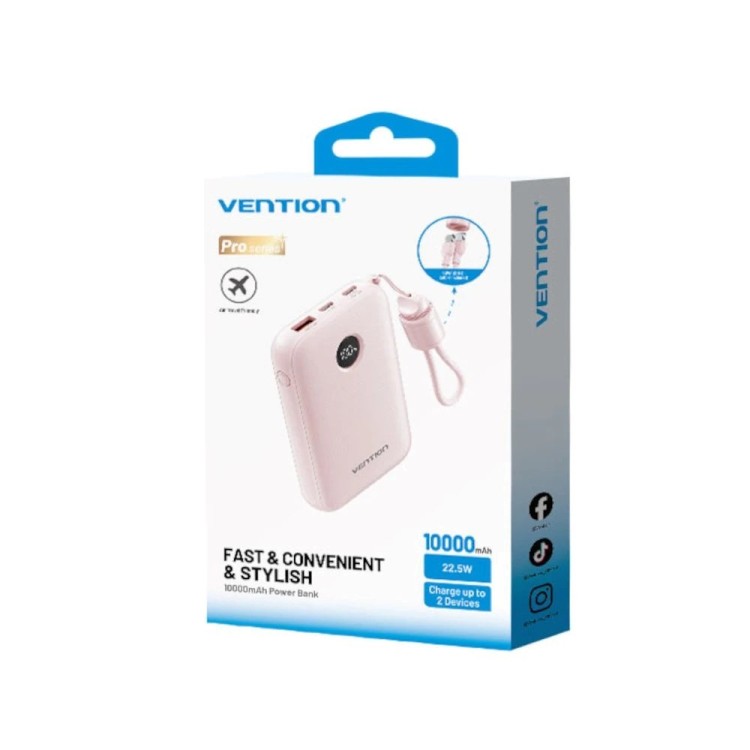 Powerbank Vention 10000mAh 2 x USB-C 1x USB-A z wyświetlaczem 22,5W różowy