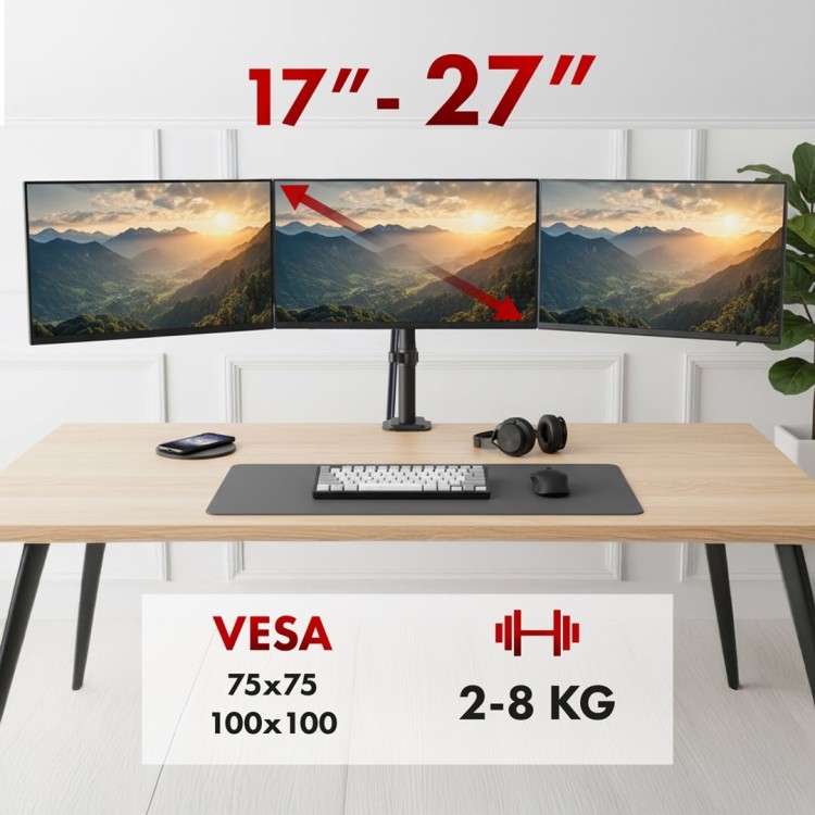 MACLEAN UCHWYT NA 3 MONITORY, SPRĘŻYNA GAZOWA, 17"-27", 2-8KG, CZARNY MC-137
