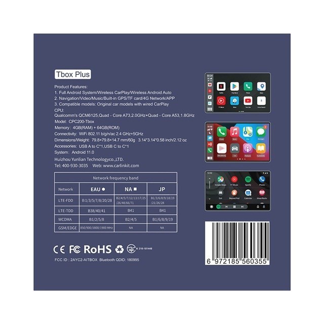 CARLINKIT Adapter bezprzewodowy AI Box z Androidem 13 - 8 GB + 128 GB do oryginalnych radioodbiorników samochodowych z CarPlay niebieski