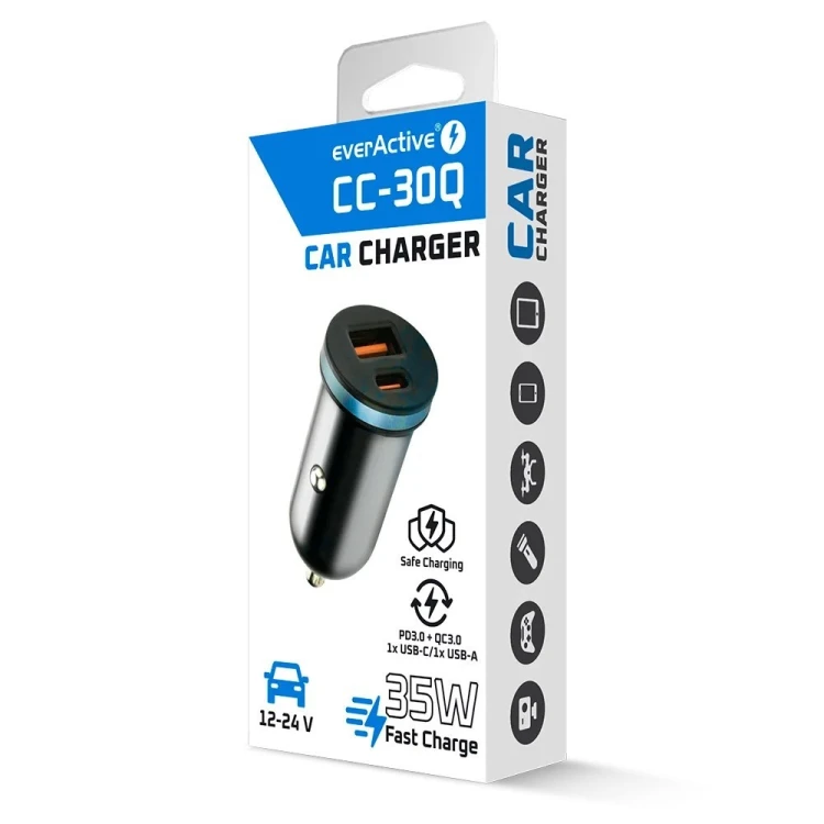EVERACTIVE ŁADOWARKA SAMOCHODOWA 1X USB + 1X USB-C 35W QC 3.0 PD CZARNA CC-30Q