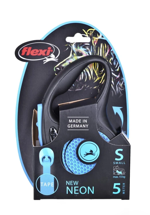 Smycz Flexi automatyczna New Neon S taśma 5 m - dla psa do 15 kg, kolor niebieski