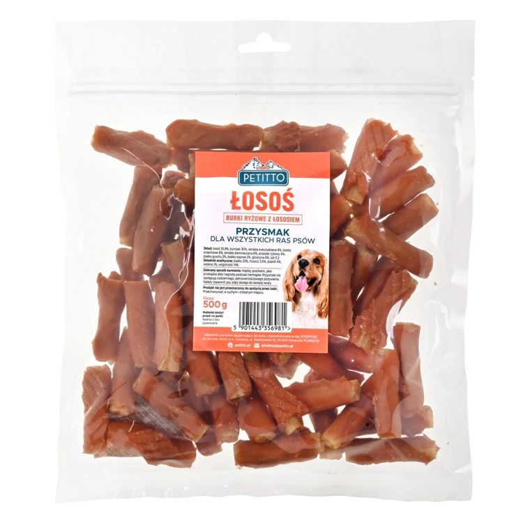 PETITTO Rurki ryżowe z łososiem dla psa 500g