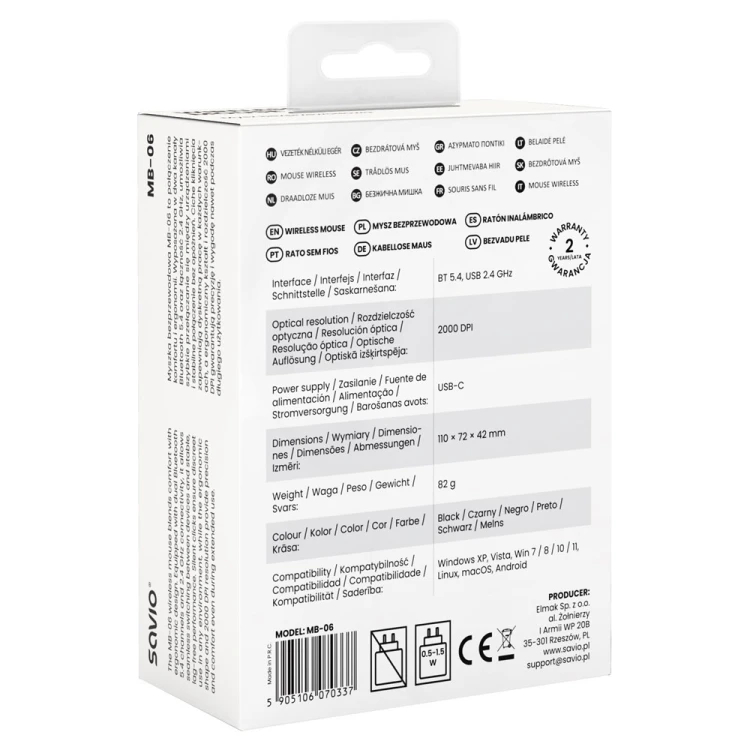 SAVIO MYSZ BEZPRZEWODOWA BT 2.4 GHZ ERGONOMICZNA MB-06
