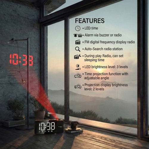 GREENBLUE RADIOBUDZIK CYFROWY LED Z PROJEKTOREM GREENBLUE,RADIO FM, ALARM, ZEGAR 12/24, ZASILANIE USB 5V DC + CR2032 GB172