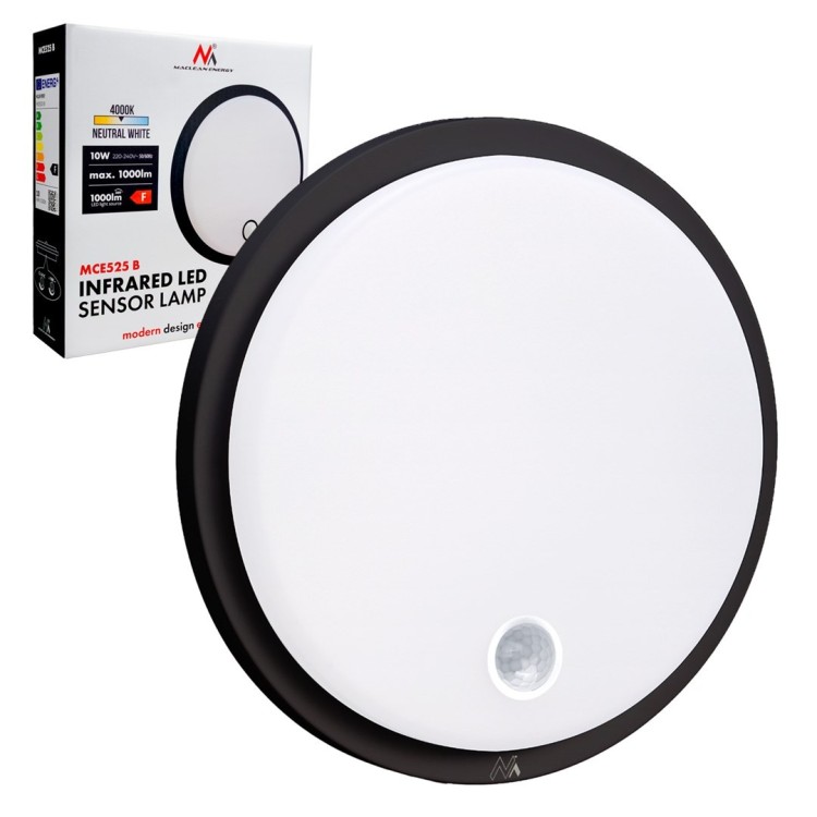 MACLEAN LAMPA LED Z CZUJNIKIEM RUCHU, CZUJNIK PIR, KOLOR CZARNY, 10W, IP65, 1000LM, BARWA NEUTRALNA MCE525 B