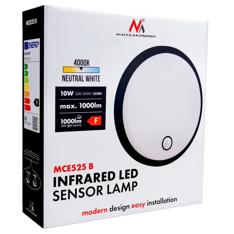 MACLEAN LAMPA LED Z CZUJNIKIEM RUCHU, CZUJNIK PIR, KOLOR CZARNY, 10W, IP65, 1000LM, BARWA NEUTRALNA MCE525 B