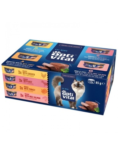 OptiVital mini puszka- Multibox dla dorosłych kotów o smaku woł, kur, indyk, łos 12x85g