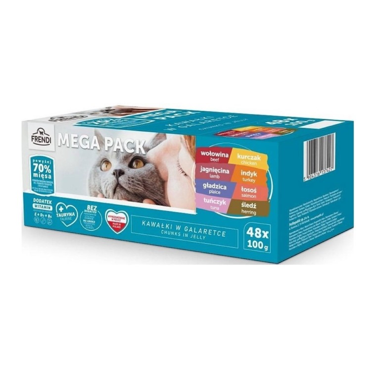 FRENDI kawałki w galaretce mięsno-rybne smaki (wołowina/kurczakiem, jagnięcina/indykiem, gładzica/łososiem, tuńczykśledź) 48x100g