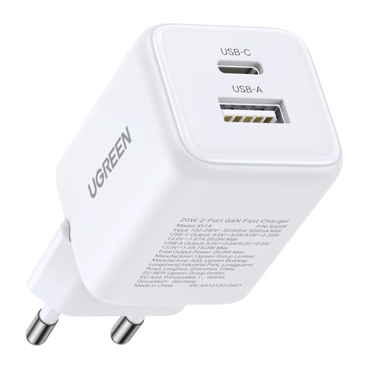 Ładowarka sieciowa Ugreen X514 USB + USB-C, GaN, 20W (biała)