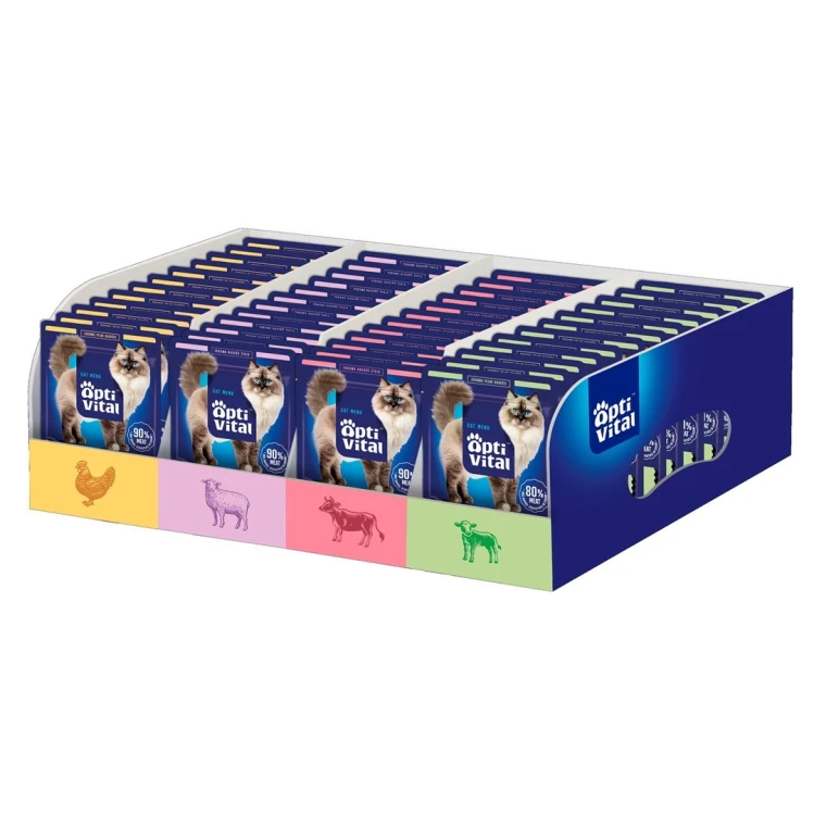 OptiVital saszetki dla kotów 112 saszetek - 4 smaki. Z kurczakiem, jagnięcina, wołowiną, cielęciną - Mixcase 112x85g