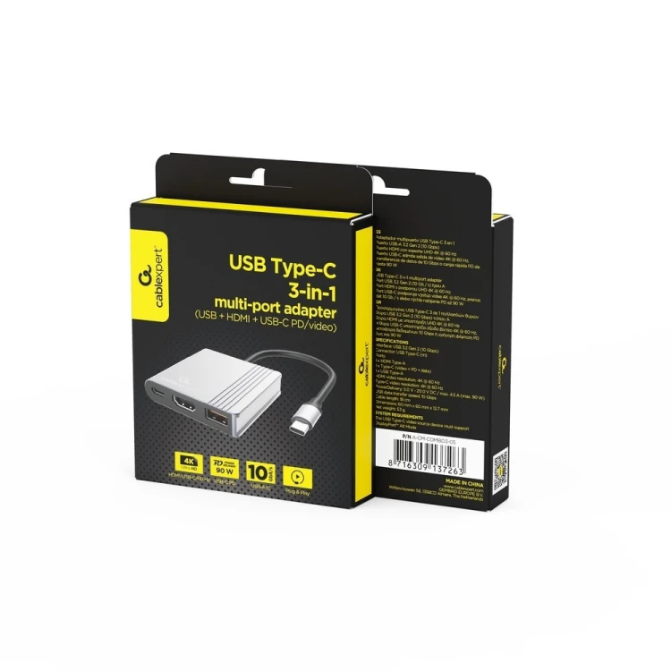 GEMBIRD MULTI ADAPTER USB TYPU C 3 W 1 (PORT USB + HDMI + WIDEO USB-C), KOLOR SZARY
