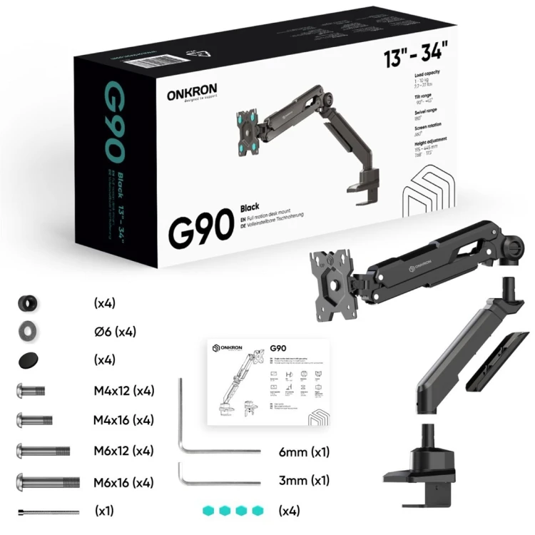 ONKRON G90-B Uchwyt biurkowy obrotowo-nachylny do monitora 13"-34" maks 10 kg, z obracaniem, czarny