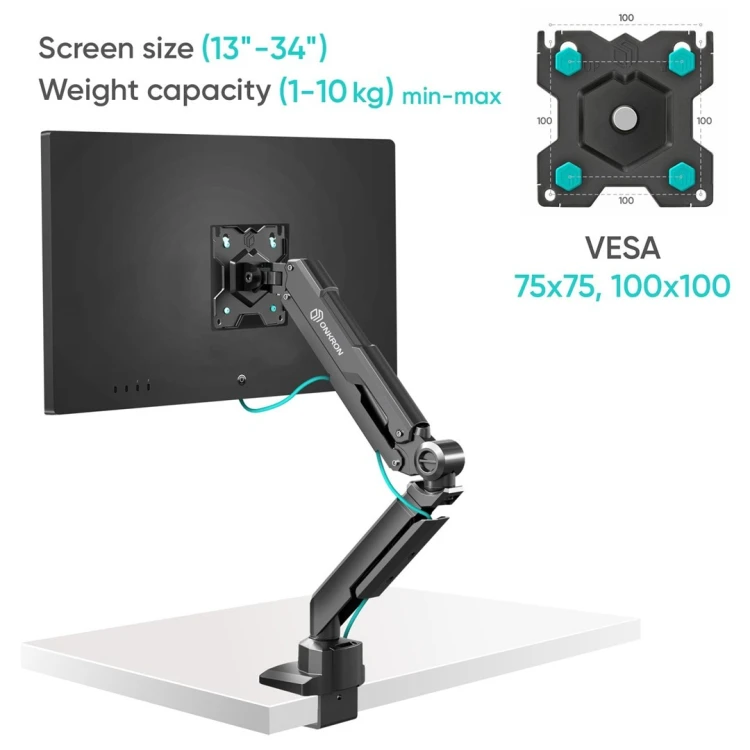 ONKRON G90-B Uchwyt biurkowy obrotowo-nachylny do monitora 13"-34" maks 10 kg, z obracaniem, czarny