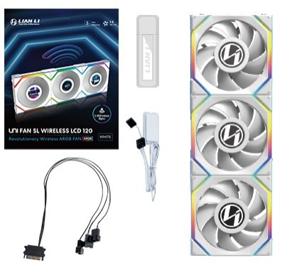 Wentylator Lian Li LULI-100 UNI FAN SL LCD, ARGB, PWM, 3x, 120 mm, Bezprzewodowe sterowanie za pomocą kontrolera 2.4GHz, biały