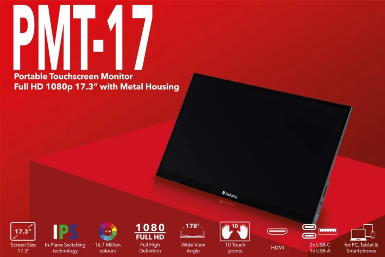 Monitor komputerowy Verbatim 49593 43,9 cm (17.3") 1920 x 1080 px Full HD LCD Ekran dotykowy Czarny