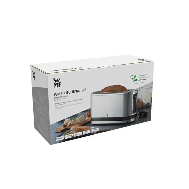 Toster WMF, 2 krążki, kolor srebrny, stal szlachetna, moc 900 W, napięcie wejściowe AC 220-240 V, częstotliwość 50/60 Hz, szerokość 366 mm, głębokość