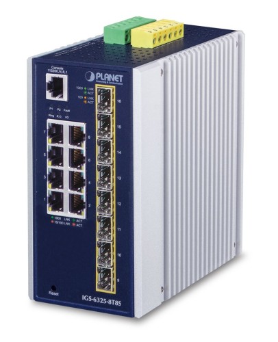 PLANET IP30 Industrial L3 8-Port Zarządzany Gigabit Ethernet (10/100/1000) Niebieski, Biały