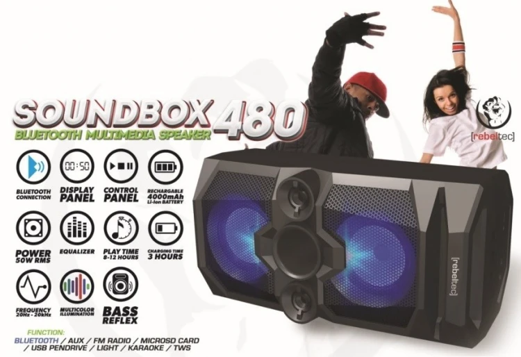 REBELTEC GŁOŚNIK BLUETOOTH,FM,KARAOKE STEROWANY ZA POMOCĄ SMARTPHONA BLUETOOTH SOUNDBOX 480