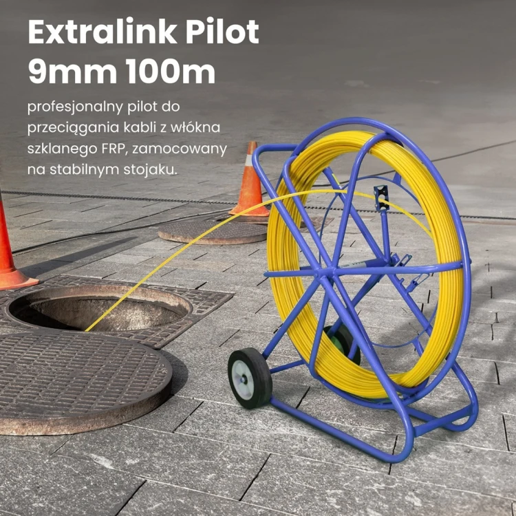 WŁÓKNO SZKLANE DO PRZECIĄGANIA KABLI 9mm / 100m (PILOT / STALKA) PE + STOJAK