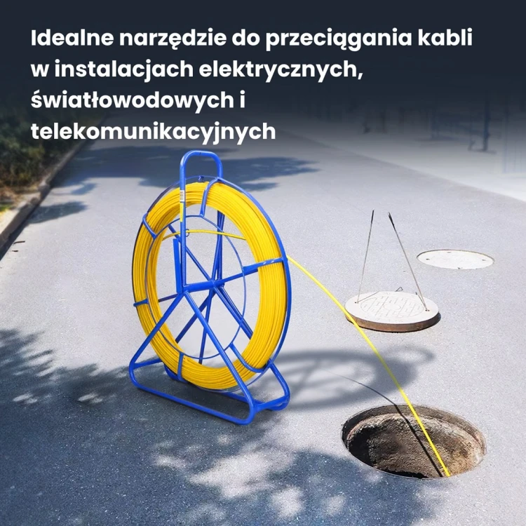 WŁÓKNO SZKLANE DO PRZECIĄGANIA KABLI 4,5mm / 75m (PILOT / STALKA) PE + STOJAK