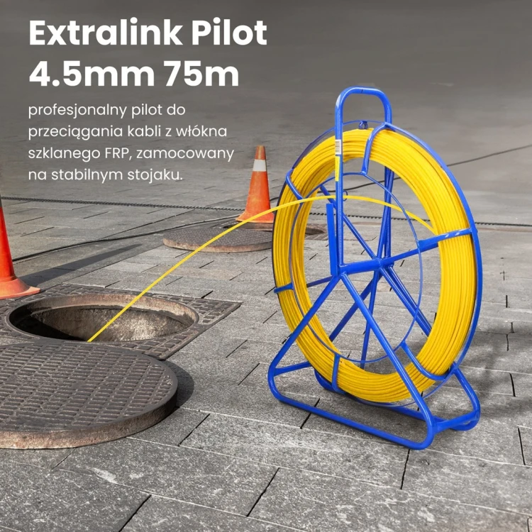 WŁÓKNO SZKLANE DO PRZECIĄGANIA KABLI 4,5mm / 75m (PILOT / STALKA) PE + STOJAK