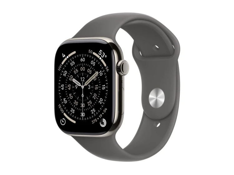 Apple Watch Series 11 GPS + Cellular 46mm koperta z naturalnego tytanu i sportowym paskiem w kolorze kamiennej szarości - S/M (MFCW4ZR/A)