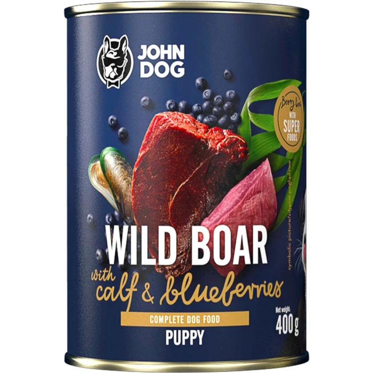 JOHN DOG BERRY SZCZENIAK DZIK Z CIELĘCINĄ I JAGODAMI mokra karma dla psa 400g