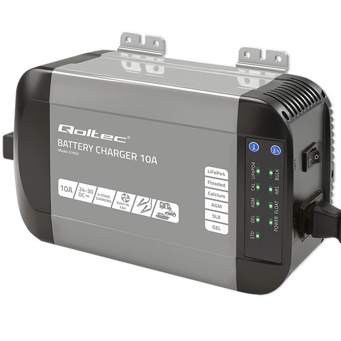 Qoltec Inteligentna ładowarka Monolith do akumulatorów LiFePO4 AGM GEL SLA | 10A | 24V