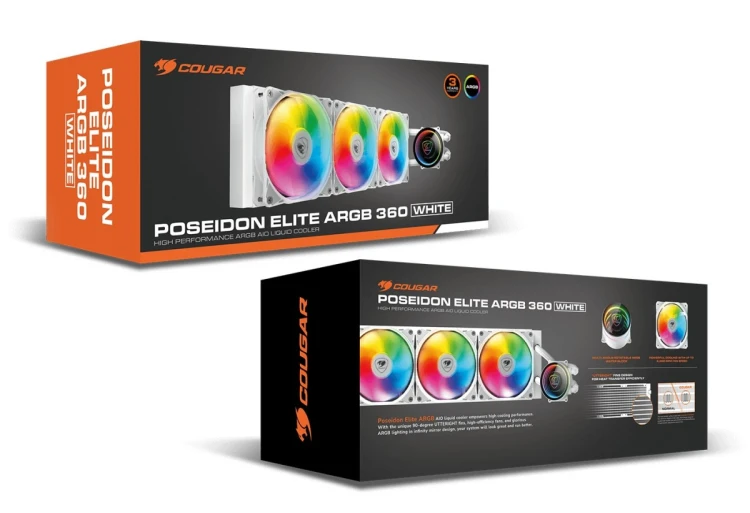 Chłodzenie cieczą COUGAR DISS A LIQUIDO COUGAR 3MPSD360W POSEIDON ELITE ARGB 360 BIAŁY 392x121x27mm SKT 115x-1200-1700-1366-AM5-AM4-FM2-FM1-AM3 ARGB